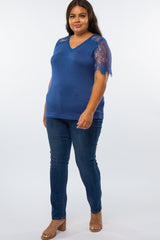 Navy Lace Sleeve V Neck Plus Top