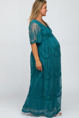 Teal Lace Mesh Overlay Maternity Plus Maxi Dress