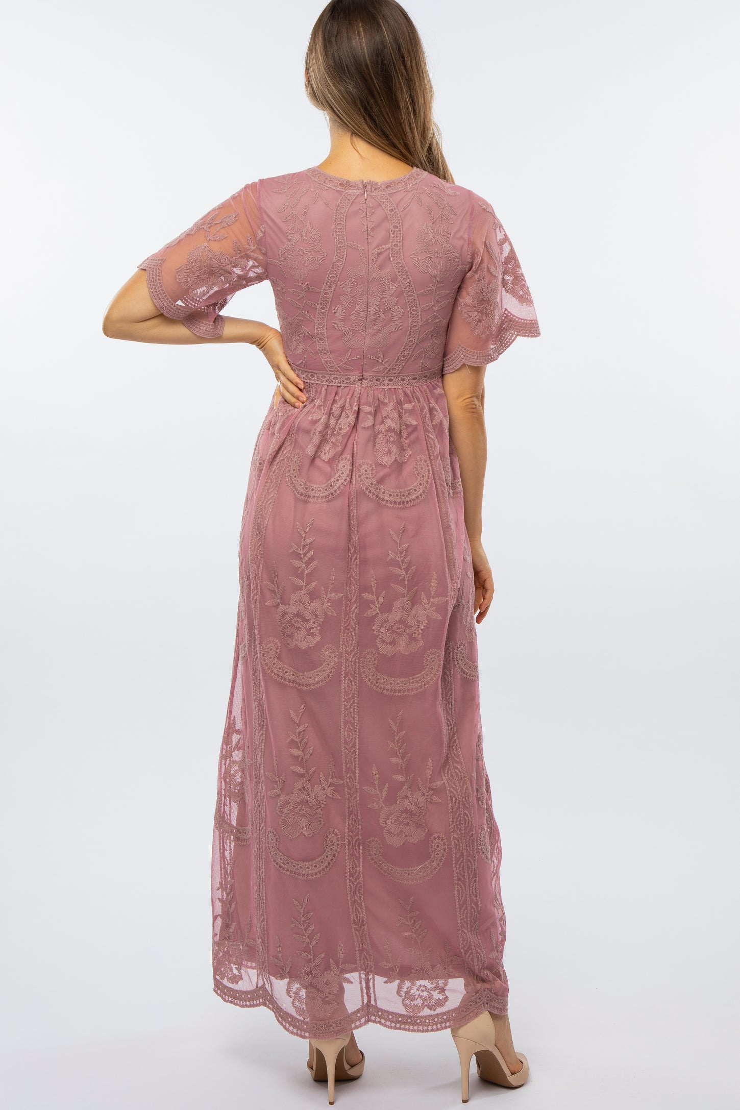 Mauve Lace Mesh Overlay Maternity Maxi Dress