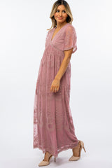 Mauve Lace Mesh Overlay Maxi Dress
