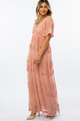 Pink Lace Mesh Overlay Maxi Dress