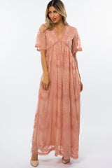 Pink Lace Mesh Overlay Maxi Dress