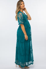 Teal Lace Mesh Overlay Maternity Maxi Dress