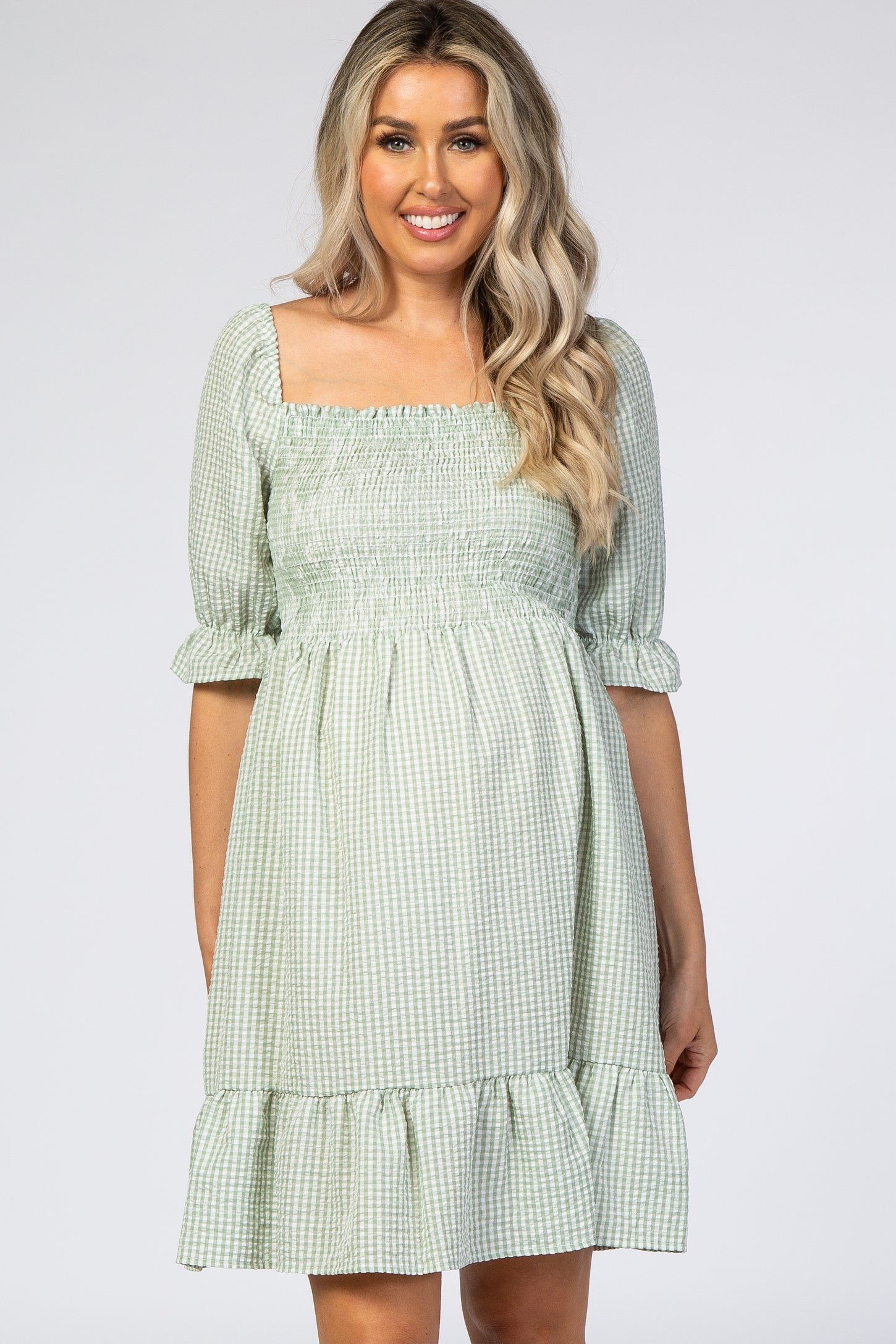 Mint Gingham Print Puff Sleeve Maternity Dress