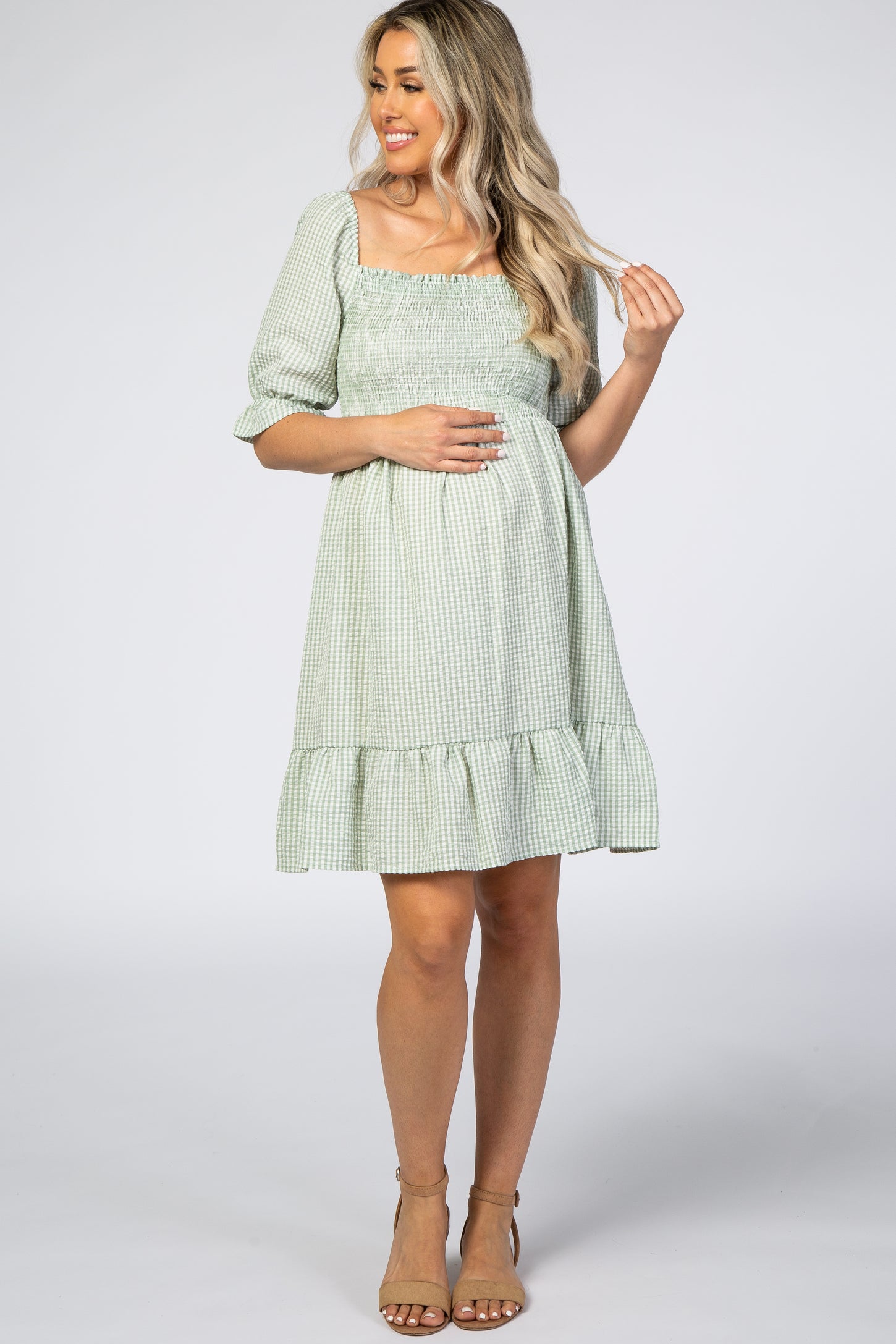 Mint Gingham Print Puff Sleeve Maternity Dress