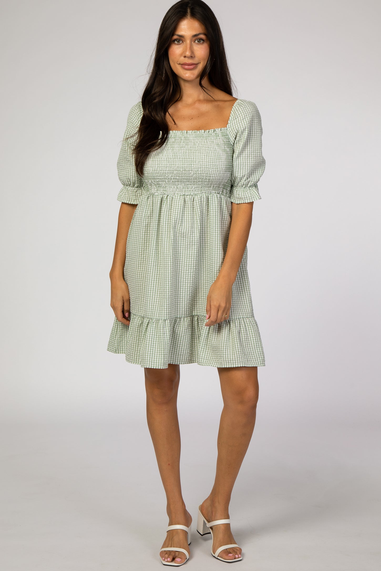 Mint Gingham Print Puff Sleeve Maternity Dress