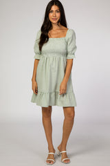 Mint Gingham Print Puff Sleeve Maternity Dress