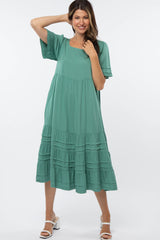 Green Tiered Pintuck Midi Dress