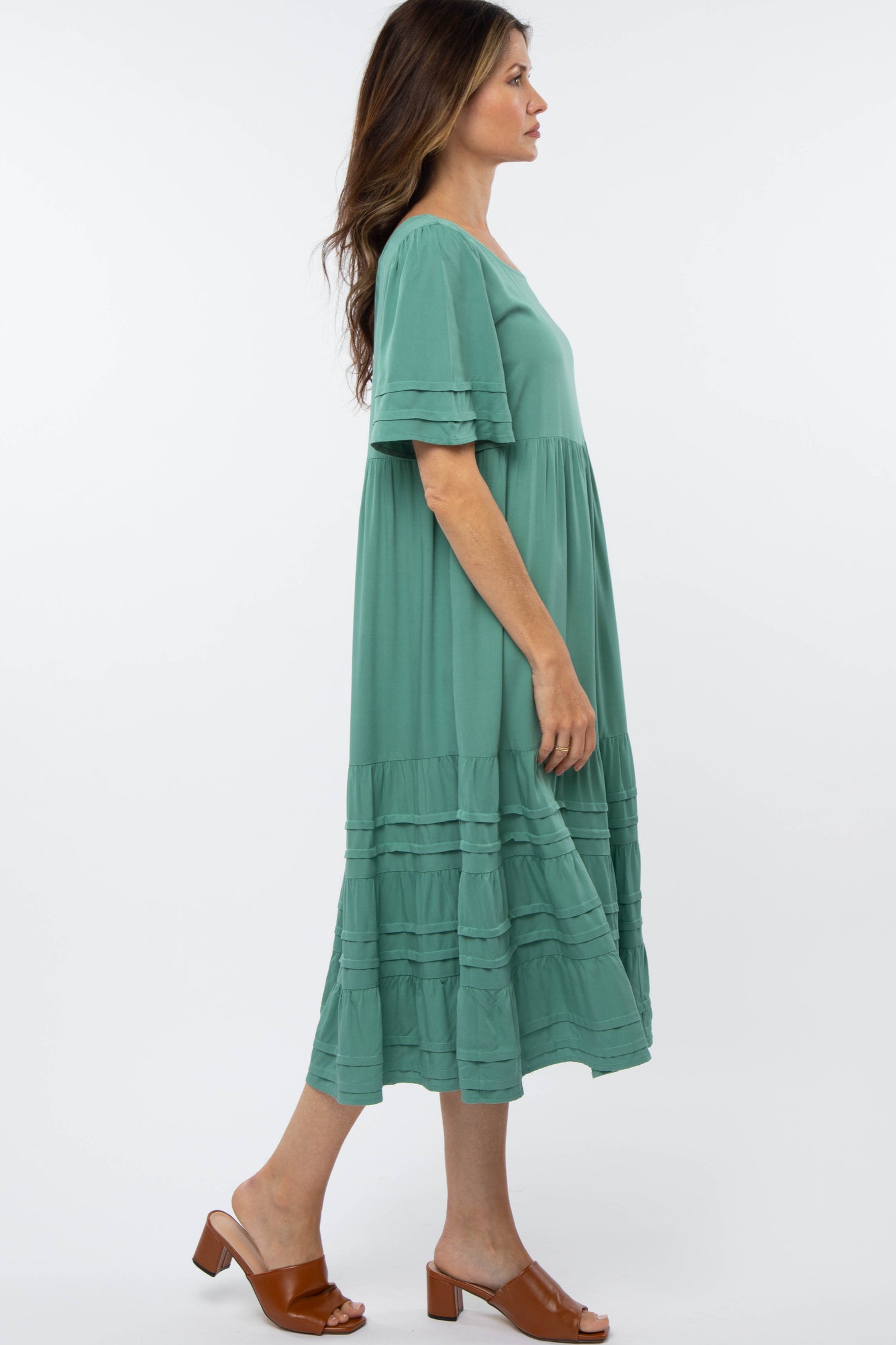 Green Tiered Pintuck Midi Dress