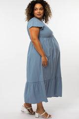 Blue Smocked Maternity Plus Maxi Dress