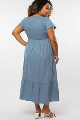 Blue Smocked Maternity Plus Maxi Dress