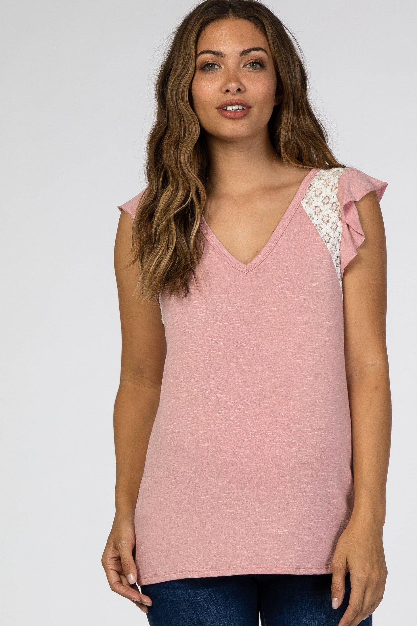 Pink Lace Inset Ruffle Accent Maternity Top
