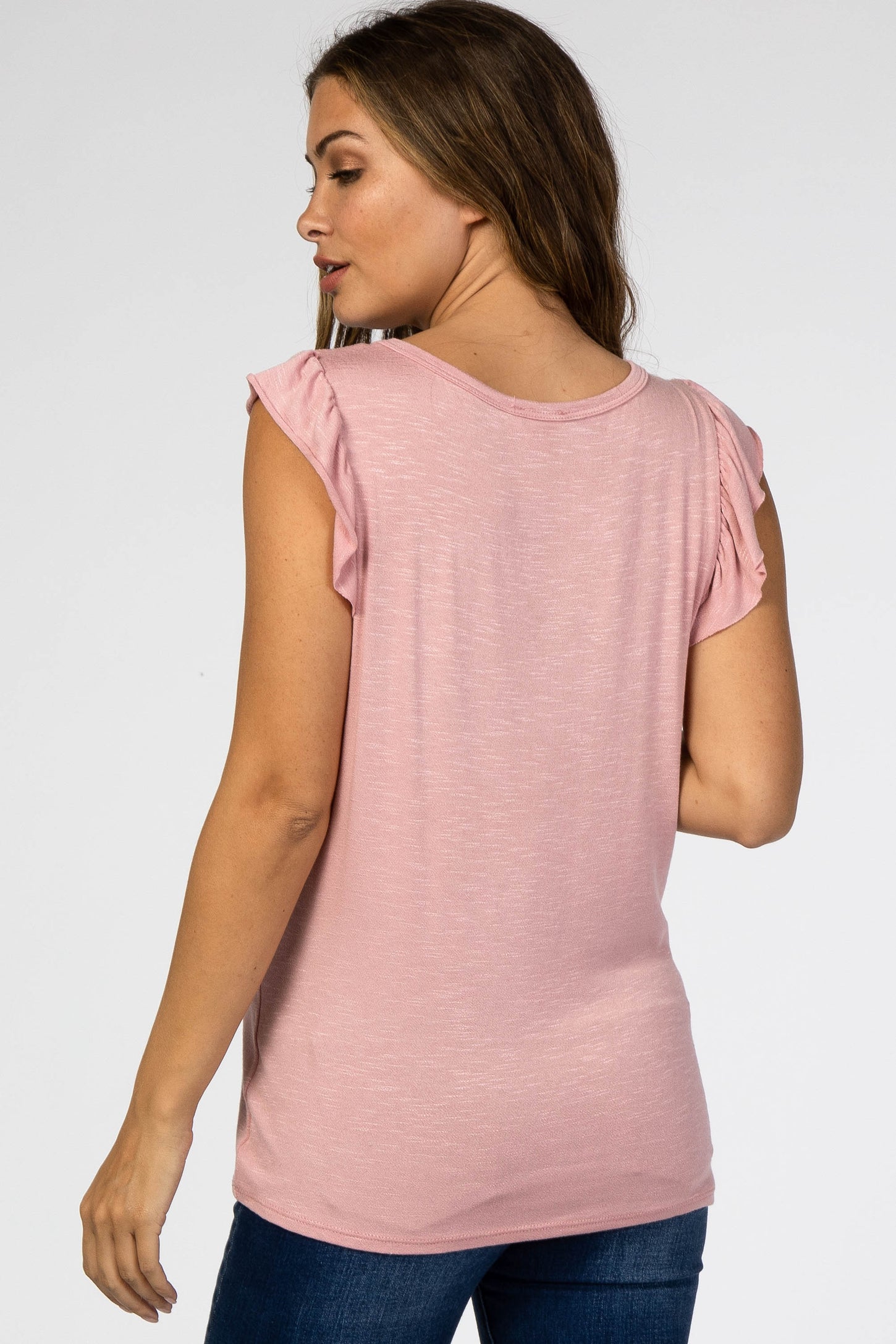 Pink Lace Inset Ruffle Accent Maternity Top