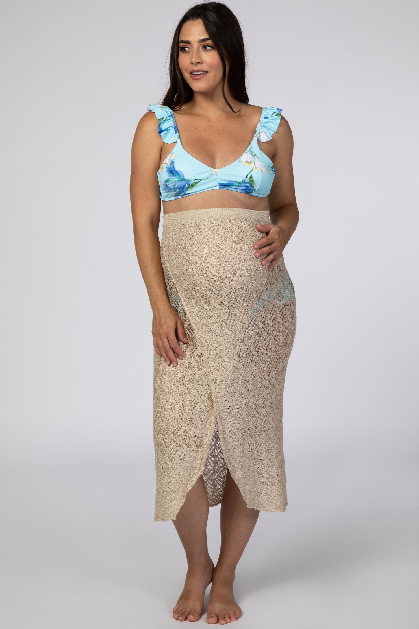 Beige Open Knit Wrap Front Maternity Cover Up Skirt