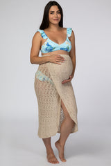 Beige Open Knit Wrap Front Maternity Cover Up Skirt