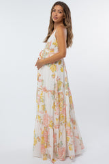 Cream Floral Chiffon Maternity Maxi Dress