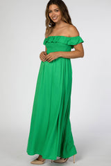 Green Off Shoulder Smocked Maternity Maxi Dress