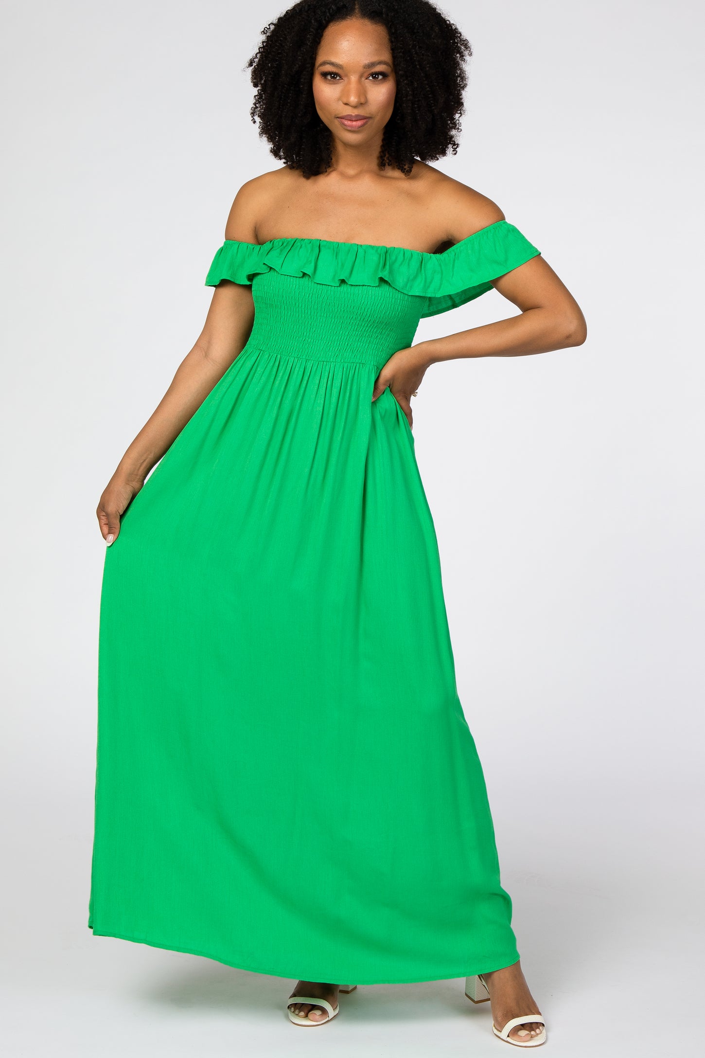 Green Off Shoulder Smocked Maxi Dress