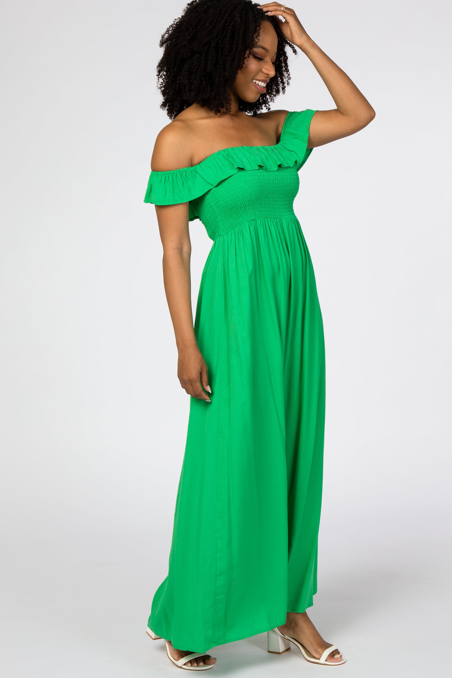 Green Off Shoulder Smocked Maxi Dress