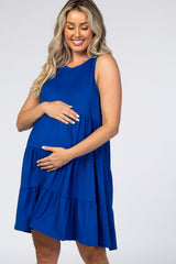 Royal Blue Soft Knit Pleated Tiered Sleeveless Maternity Dress