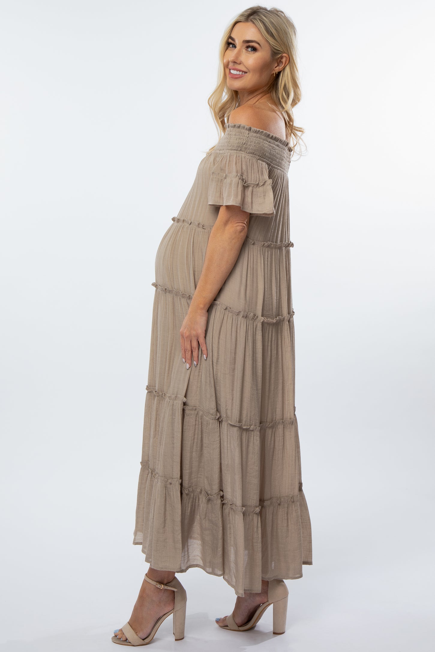 Taupe Off Shoulder Tiered Maternity Maxi Dress