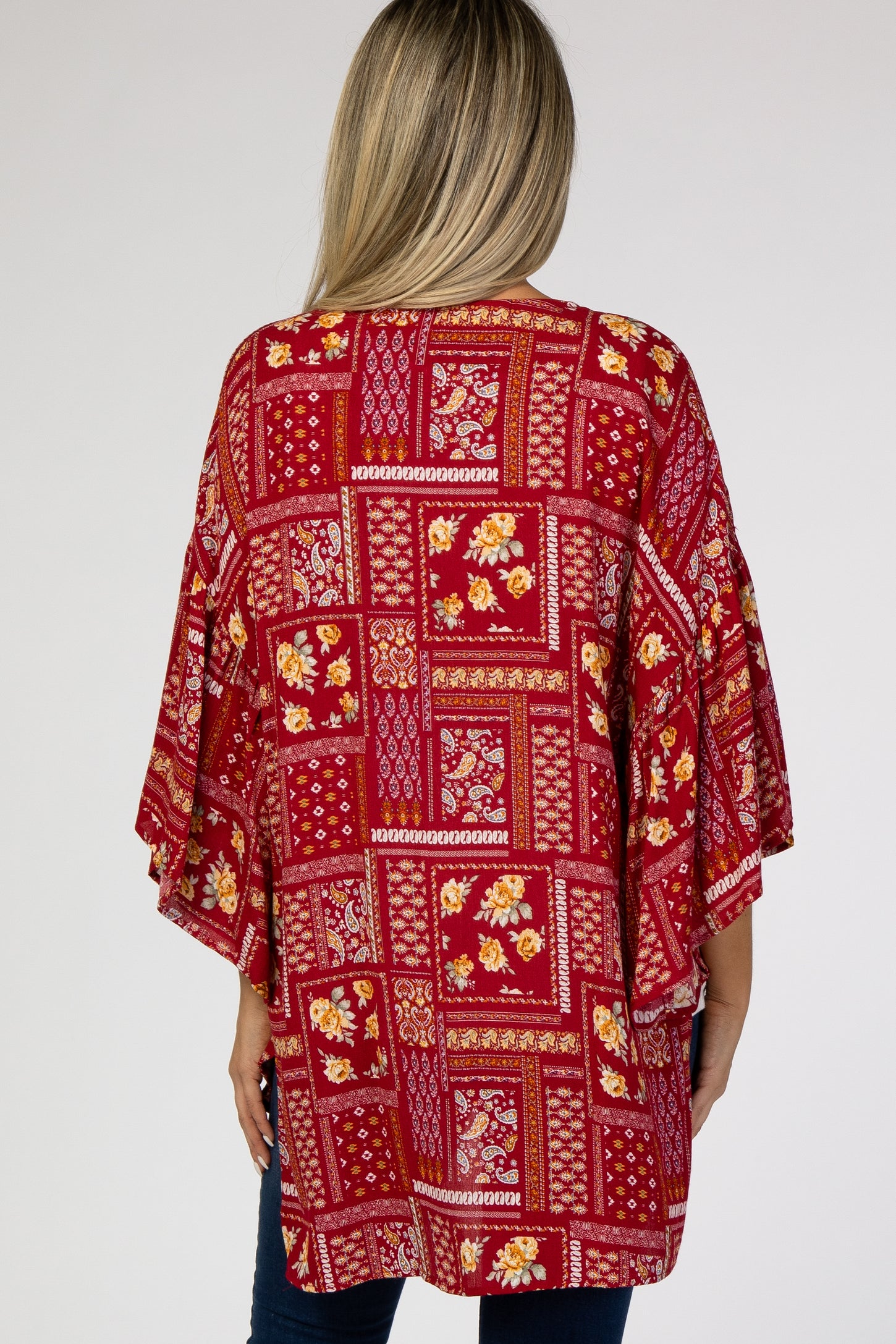 Red Paisley Floral Ruffle Sleeve Maternity Cover Up