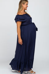 Navy Off Shoulder Tassel Tie Maternity Plus Maxi Dress