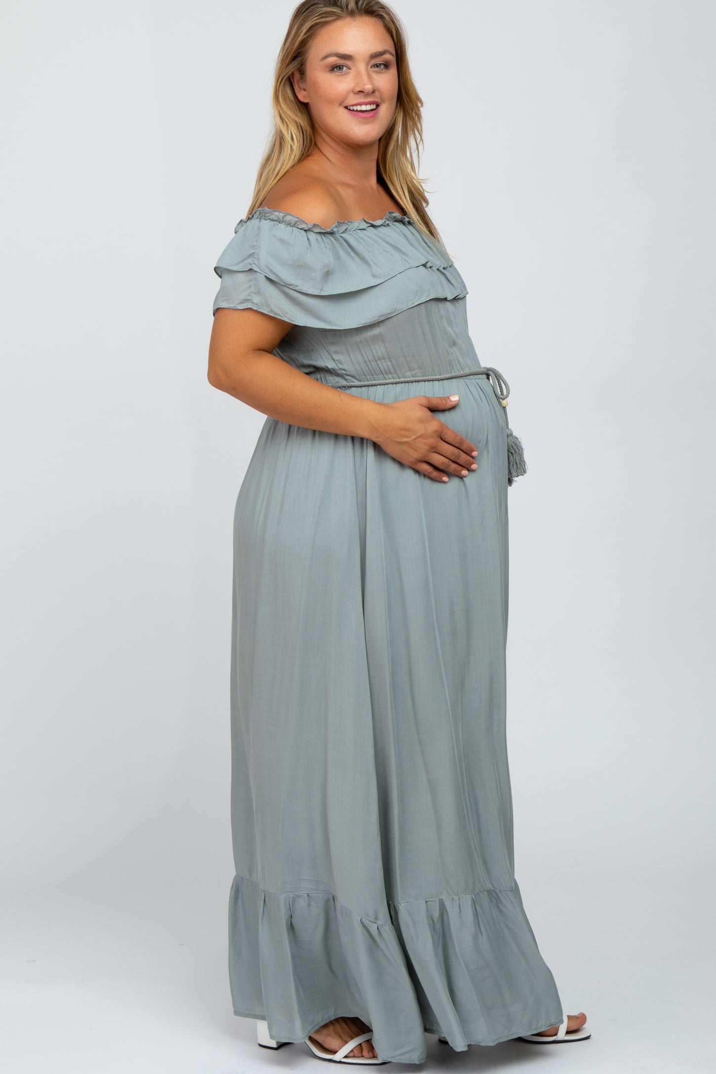 Sage Off Shoulder Tassel Tie Maternity Plus Maxi Dress