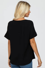 Black Rolled Cuff Short Sleeve Blouse