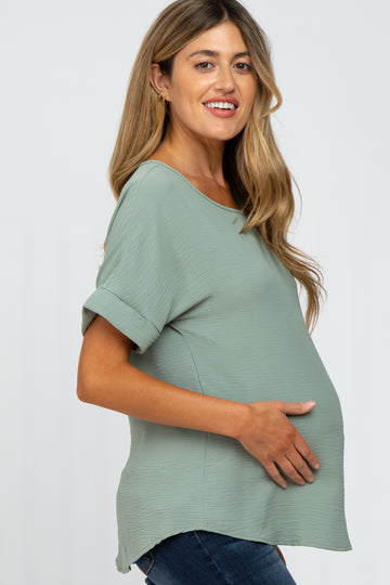 Mint Green Rolled Cuff Short Sleeve Maternity Blouse
