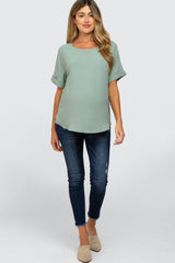 Mint Green Rolled Cuff Short Sleeve Maternity Blouse