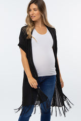 Black Open Crochet Knit Tassel Maternity Cardigan