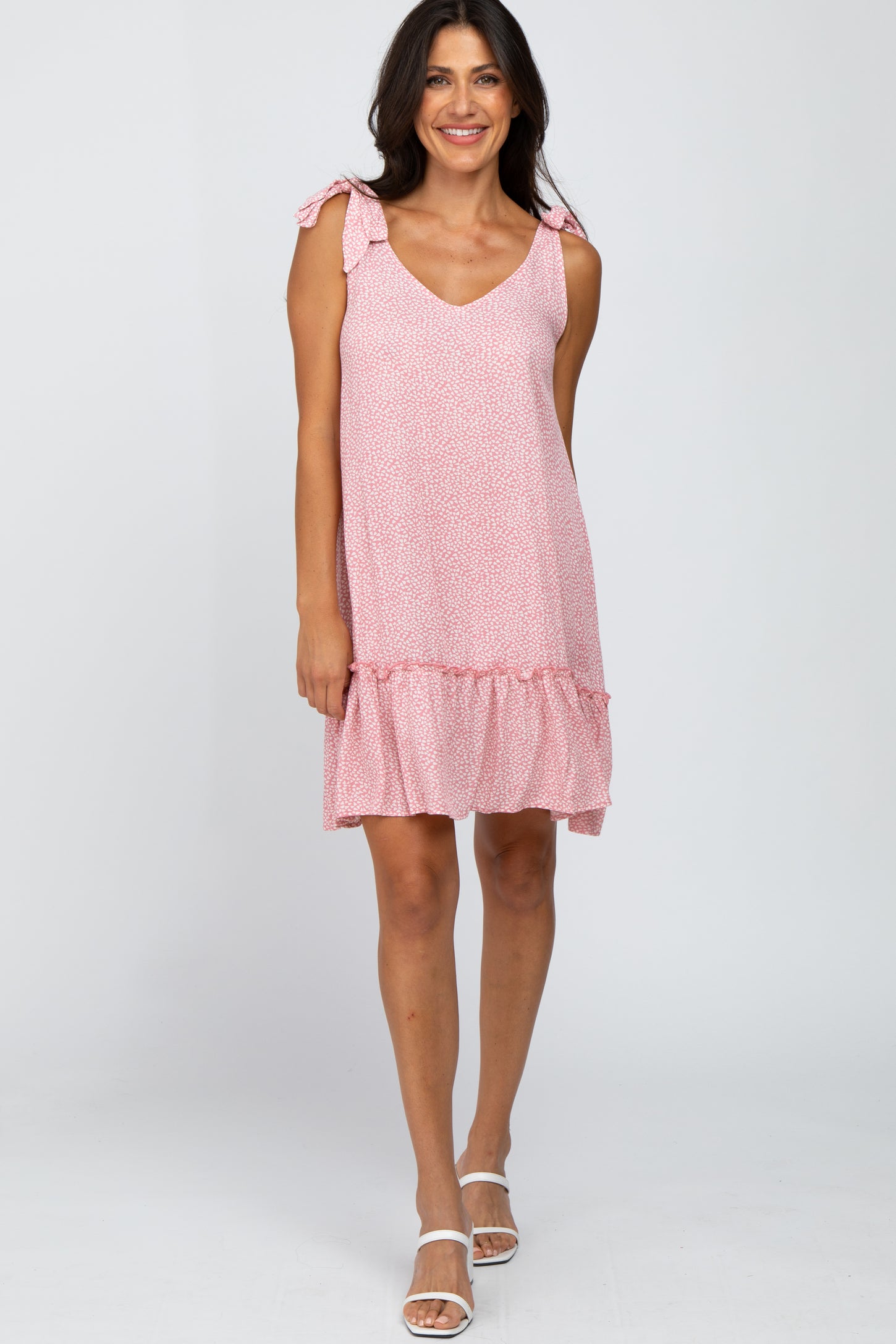 Pink Triangle Print Shoulder Tie Ruffle Hem Maternity Dress