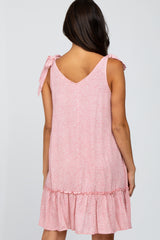 Pink Triangle Print Shoulder Tie Ruffle Hem Dress