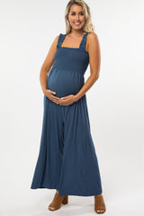 Blue Smocked Ruffle Strap Maternity Jumpsuit