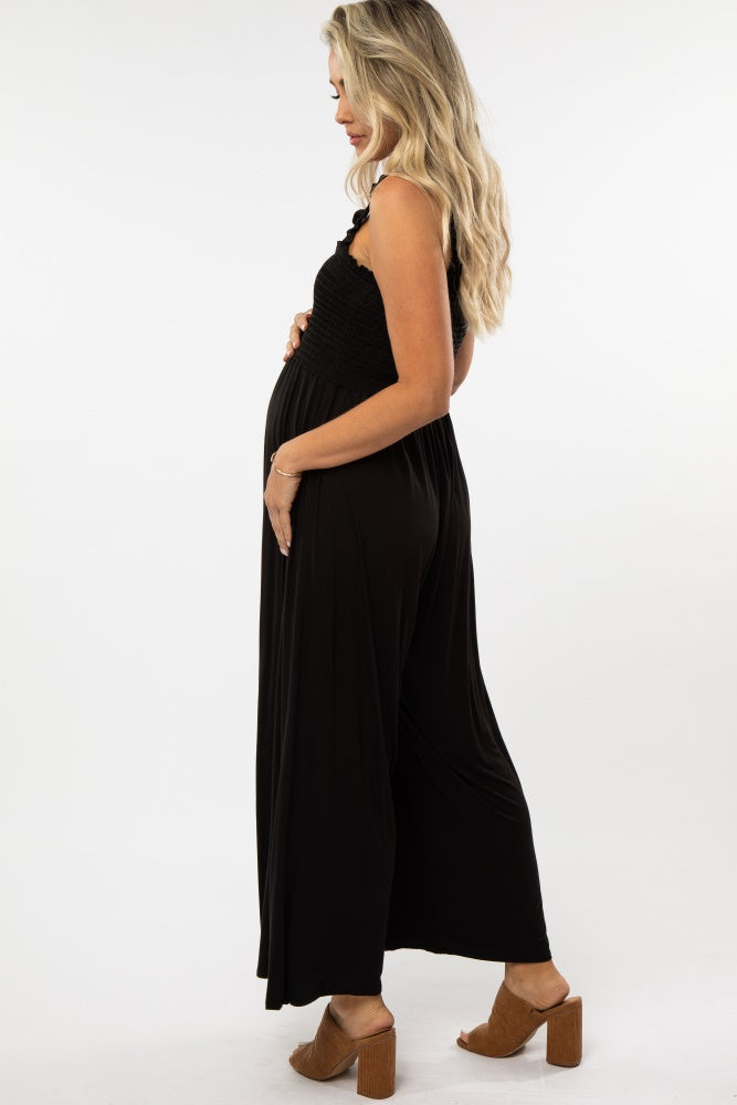 Black Smocked Ruffle Strap Maternity Jumpsuit