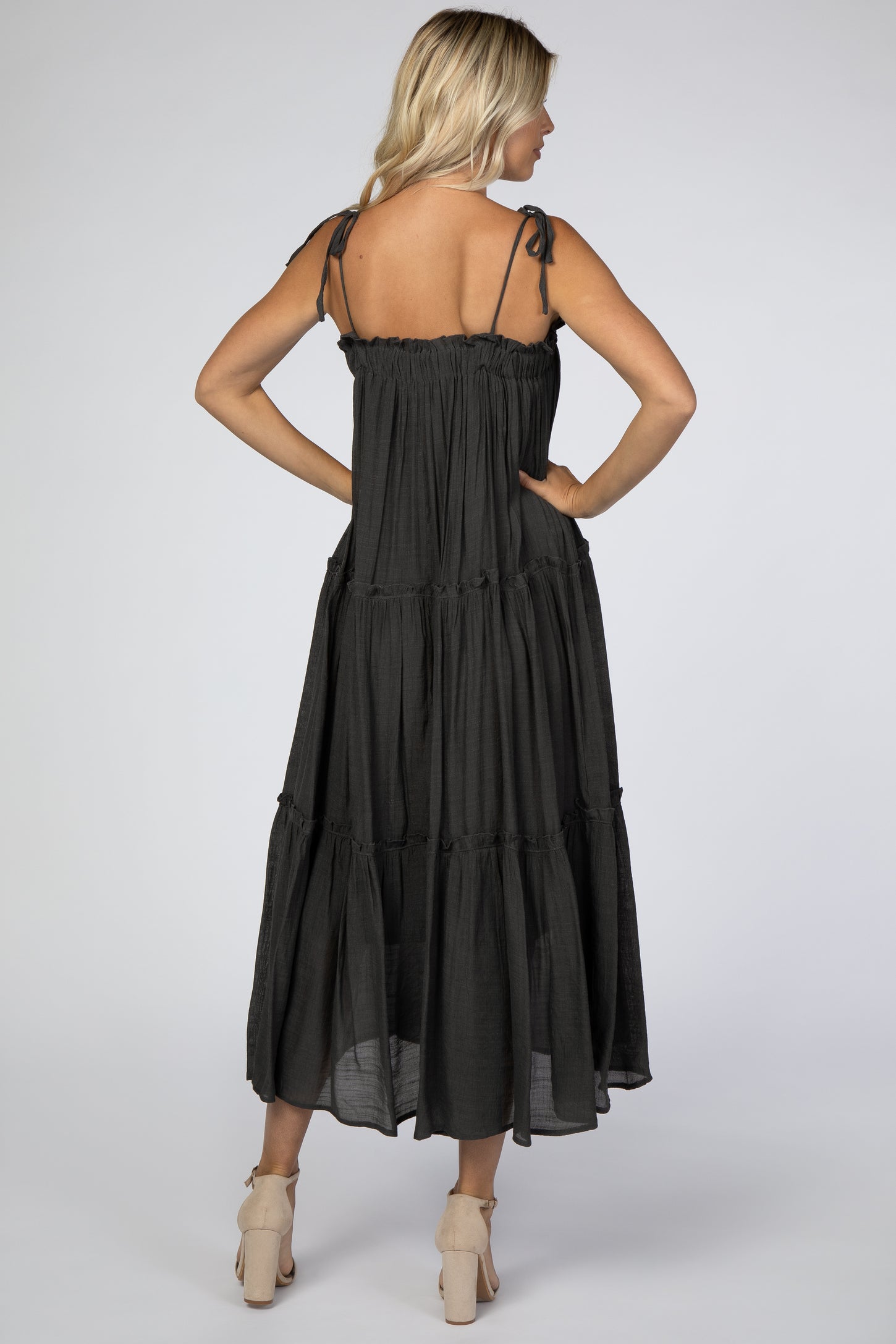 Charcoal Tie Strap Ruffle Maxi Dress