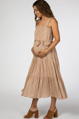 Taupe Square Neck Waist Tie Maternity Midi Dress