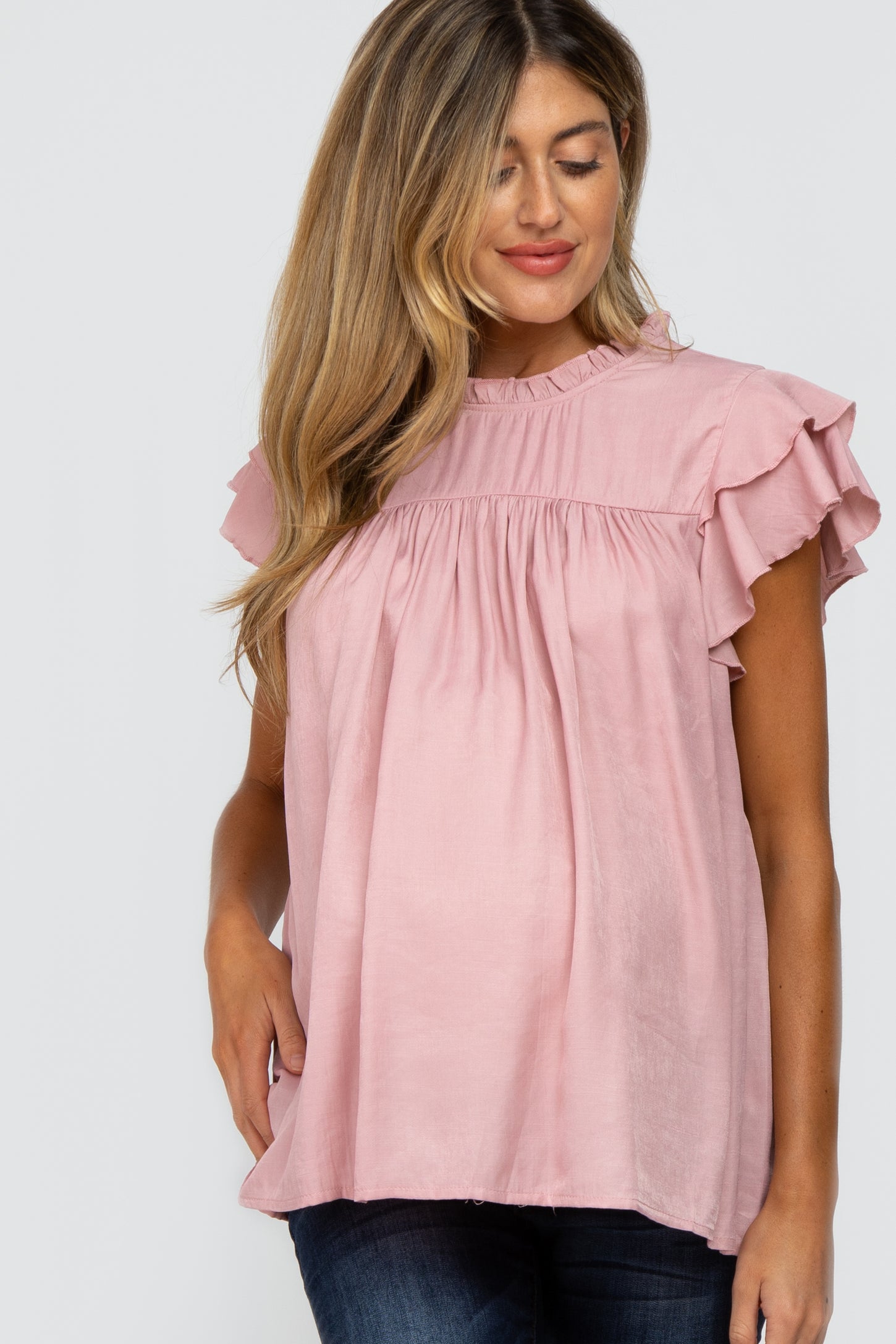 Pink Ruffle Accent Maternity Blouse