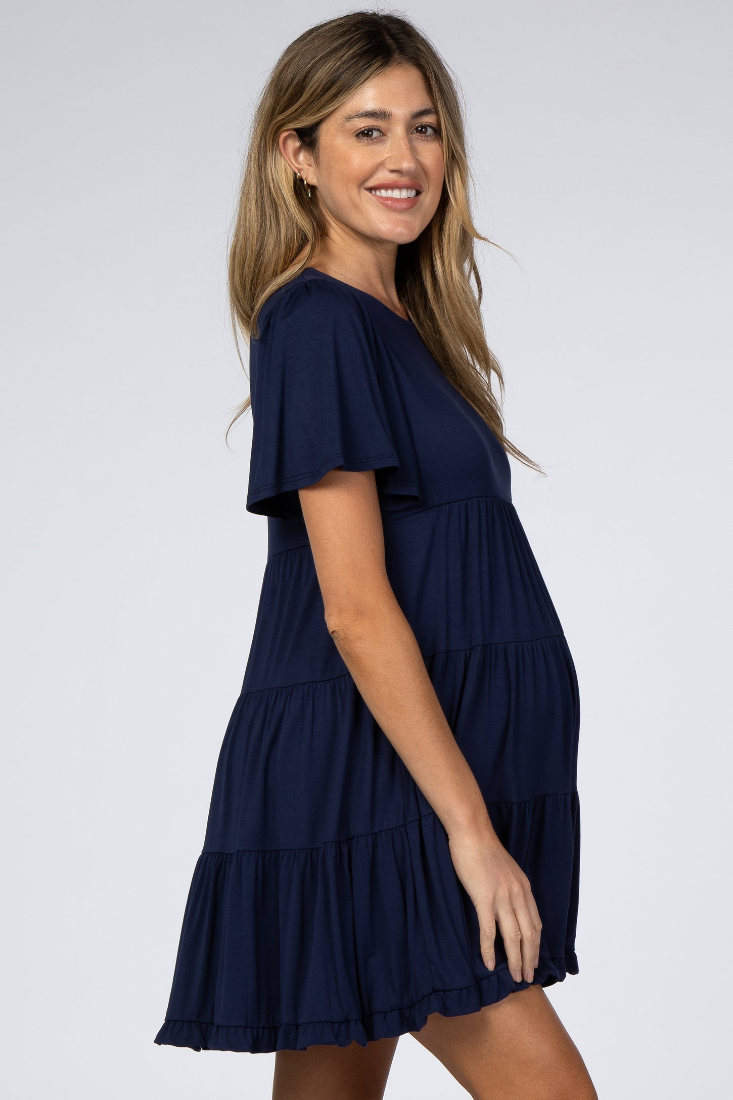 Navy Tiered Ruffle Hem Maternity Dress