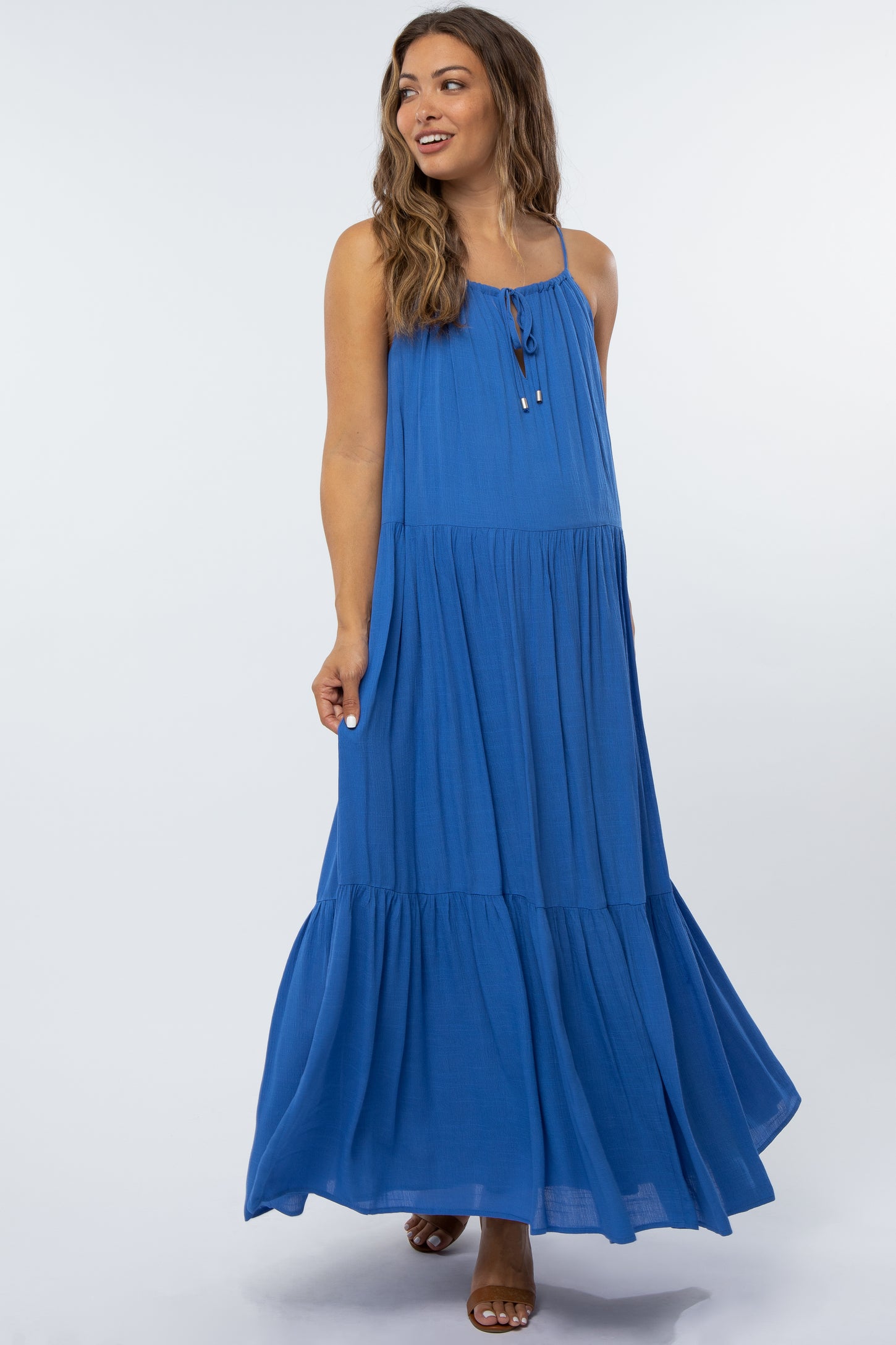 Blue Sleeveless Tiered Maternity Maxi Dress