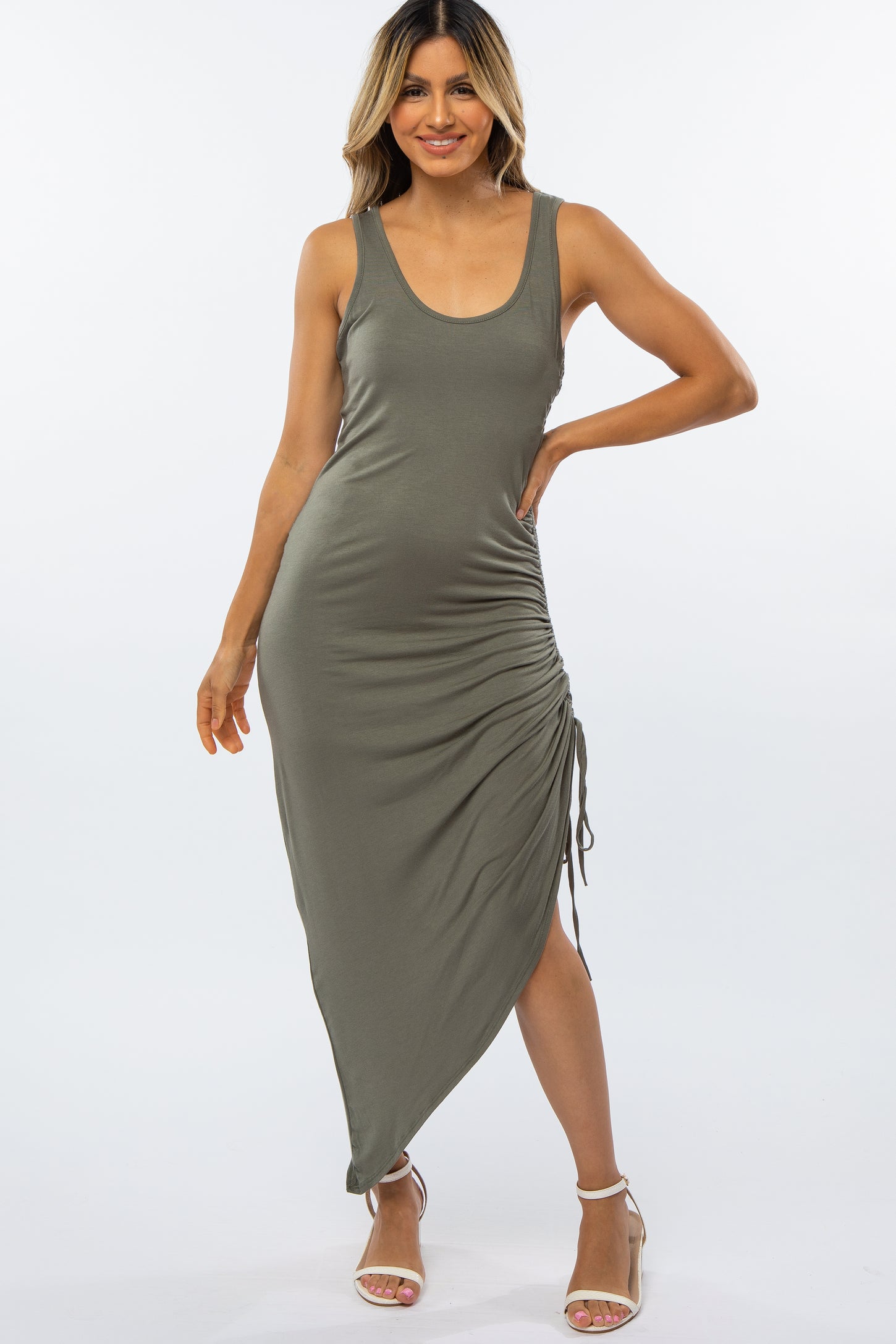 Olive Asymmetrical Side Drawstring Midi Dress