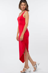 Red Asymmetrical Side Drawstring Midi Dress