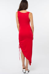 Red Asymmetrical Side Drawstring Midi Dress