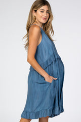 Blue Halter Neck Ruffle Accent Maternity Dress