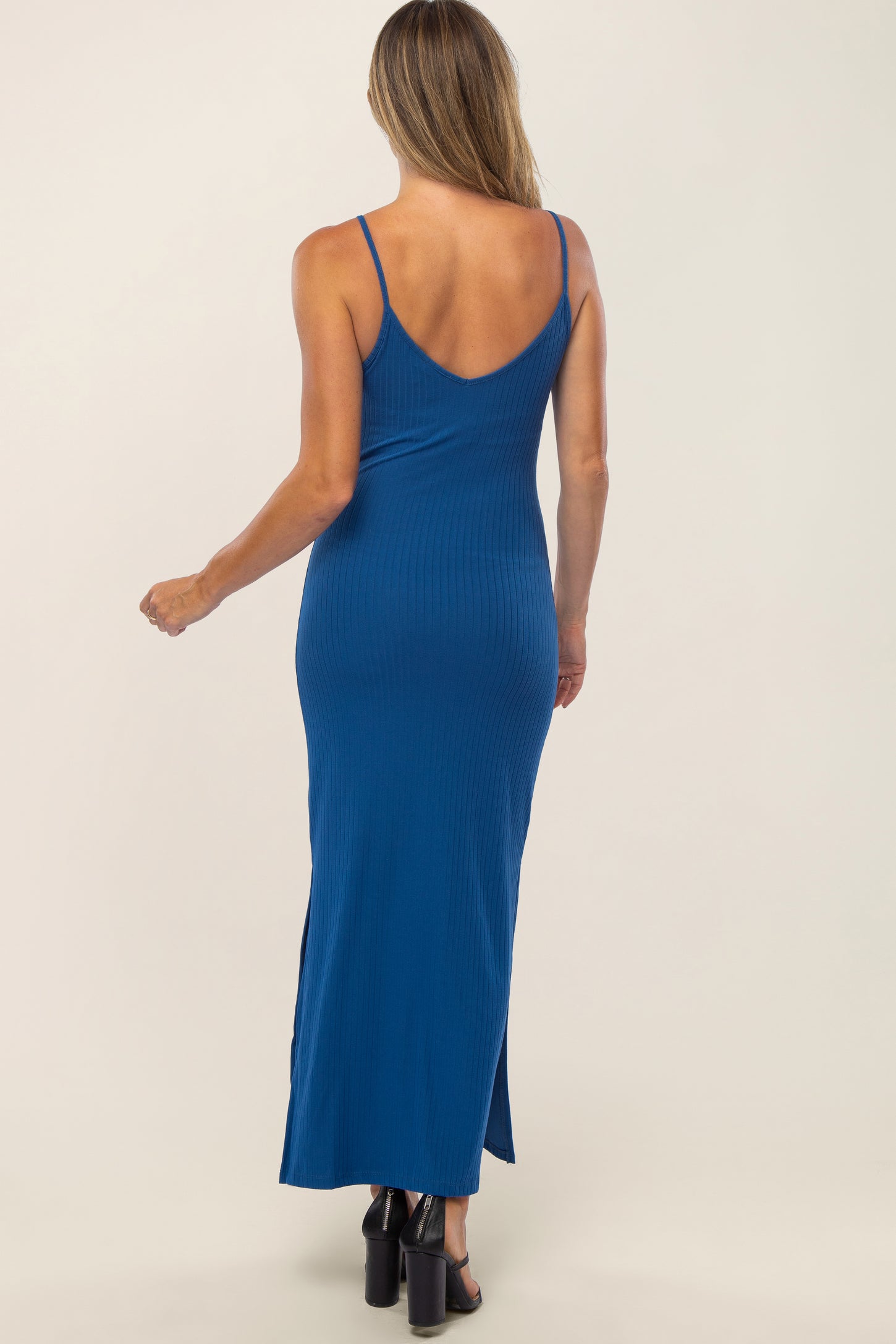Blue Ribbed Side Slit Maxi Dress