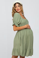 Light Olive Smocked Puff Sleeve Maternity Dress