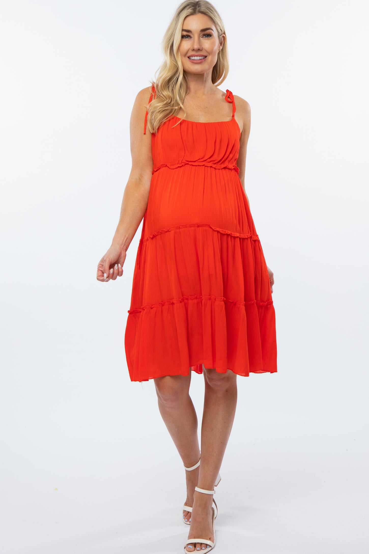 Red Tiered Shoulder Tie Maternity Dress