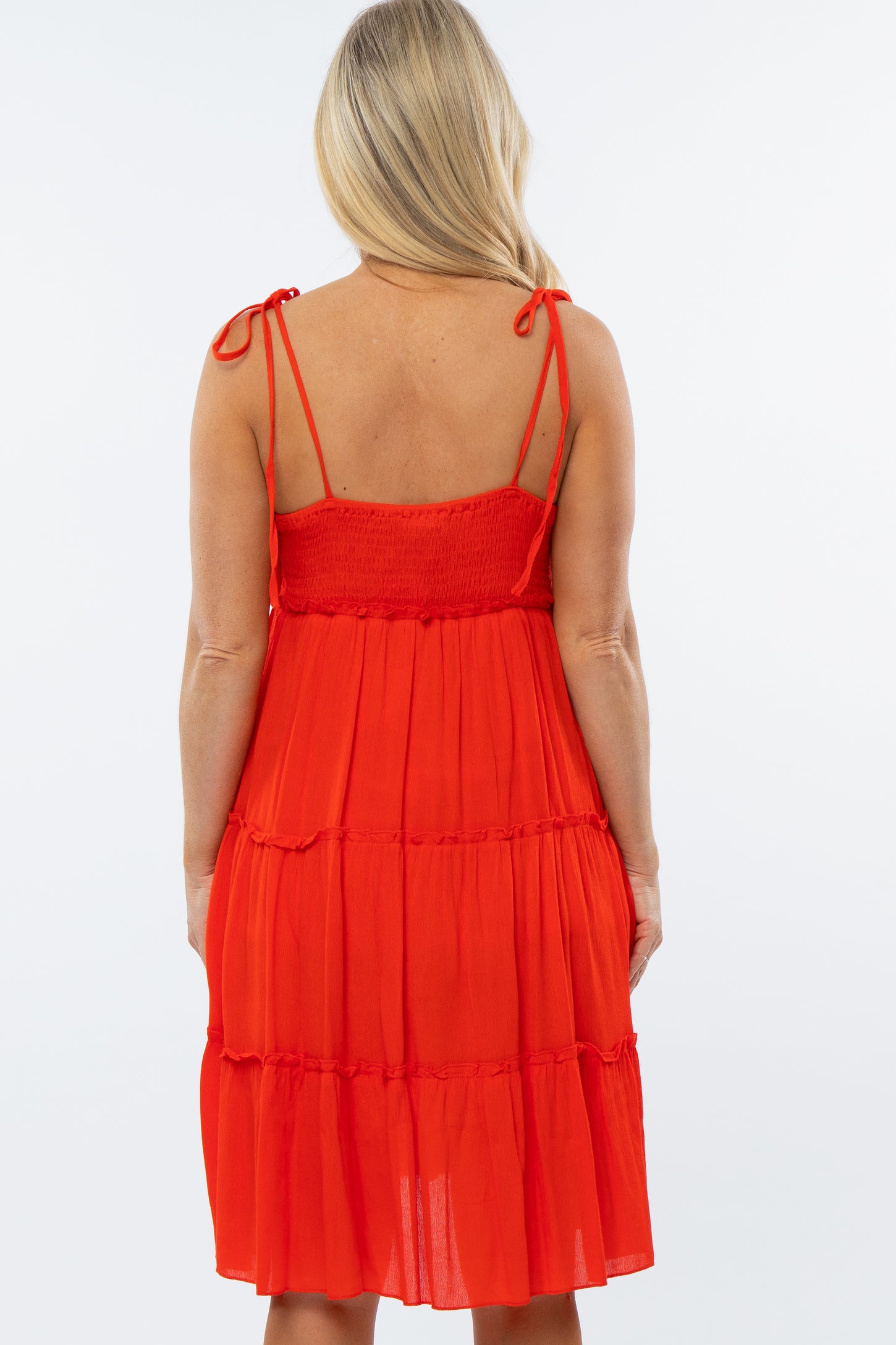 Red Tiered Shoulder Tie Maternity Dress