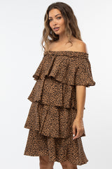 Brown Leopard Print Off Shoulder Tiered Maternity Dress
